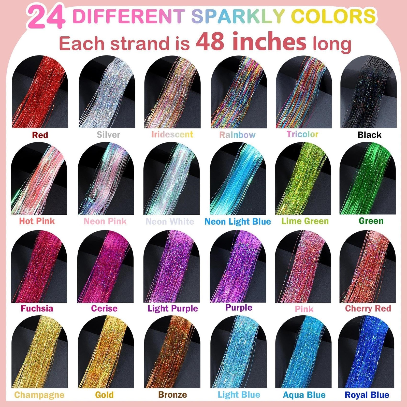 8400 Strands Hair Tinsel Kit 24 Colors 48in Heat Resistant Glitter Hair