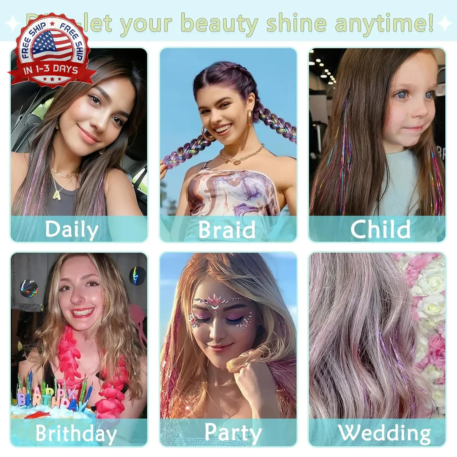 Hair Tinsel,24 Colors Hair Tinsel Kit for Girls 9600 Strands Fairy Tinsel Hair E