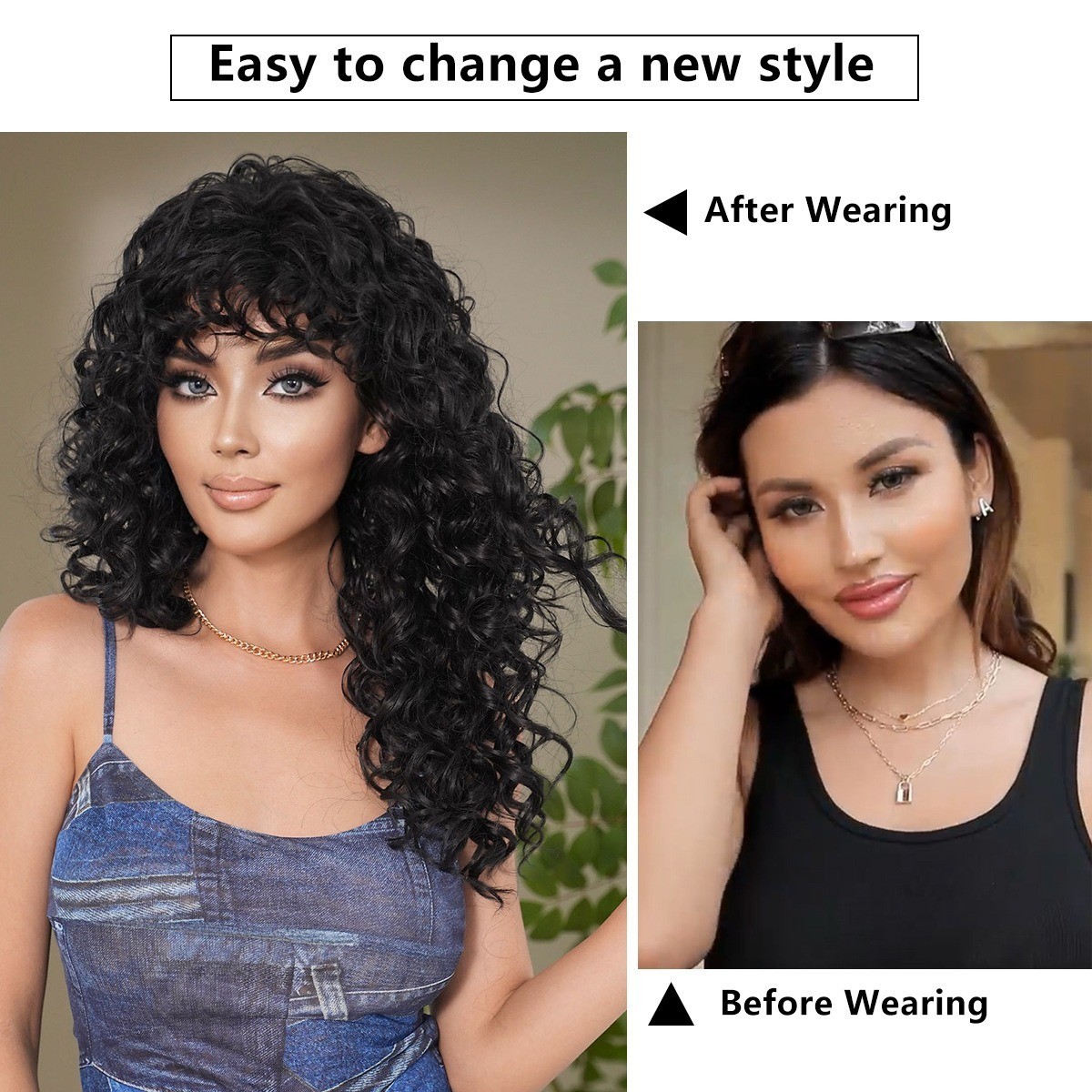 Black spring coil wig with deep wavy long hair for black people with air bangs