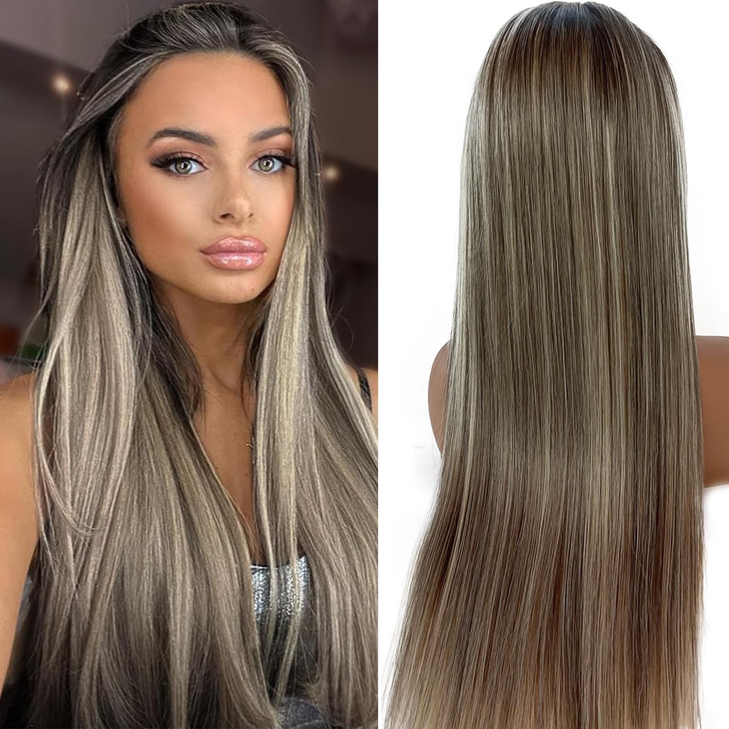 Valiilo Ash Brown Human Hair Wig 13X6 Ombre Highlight Ash Blonde 180 Density