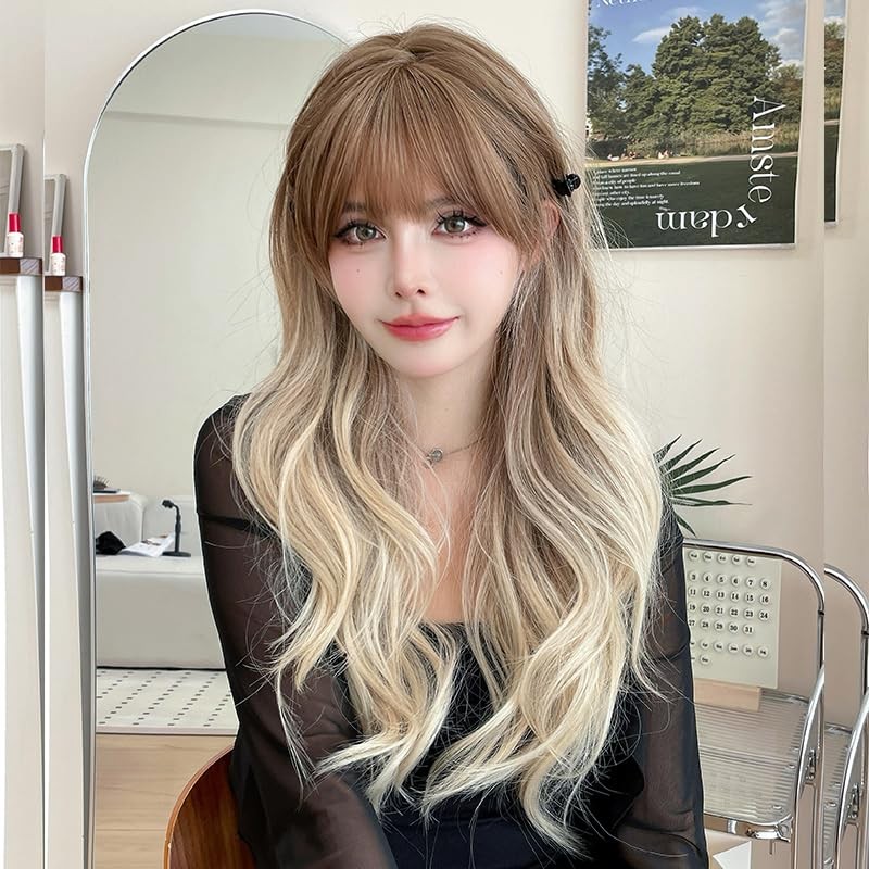 26 Inches Long Wavy Curly Wig for Women Blonde Brown Synthetic Hair Natural C…