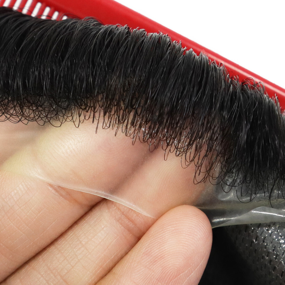 Mens Toupee Human Hair Replacement System Gent Hairpiece 0.02 Ultra PU Black #1C