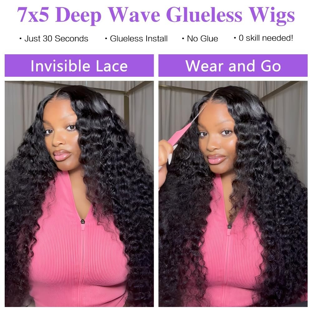 Glueless Human Hair Lace Front Wig 26″ Deep Wave, 210% Density, Pre Plucked, No