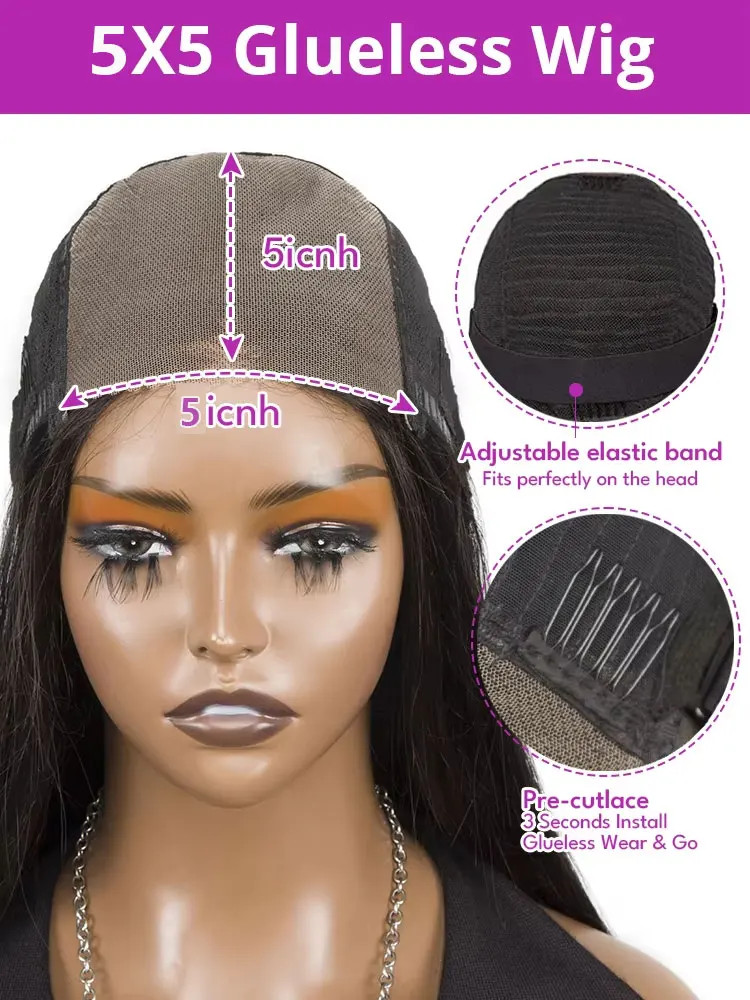 Kinky Straight Human Hair Wig 5×5 Transparent Lace Front 250 Density Remy