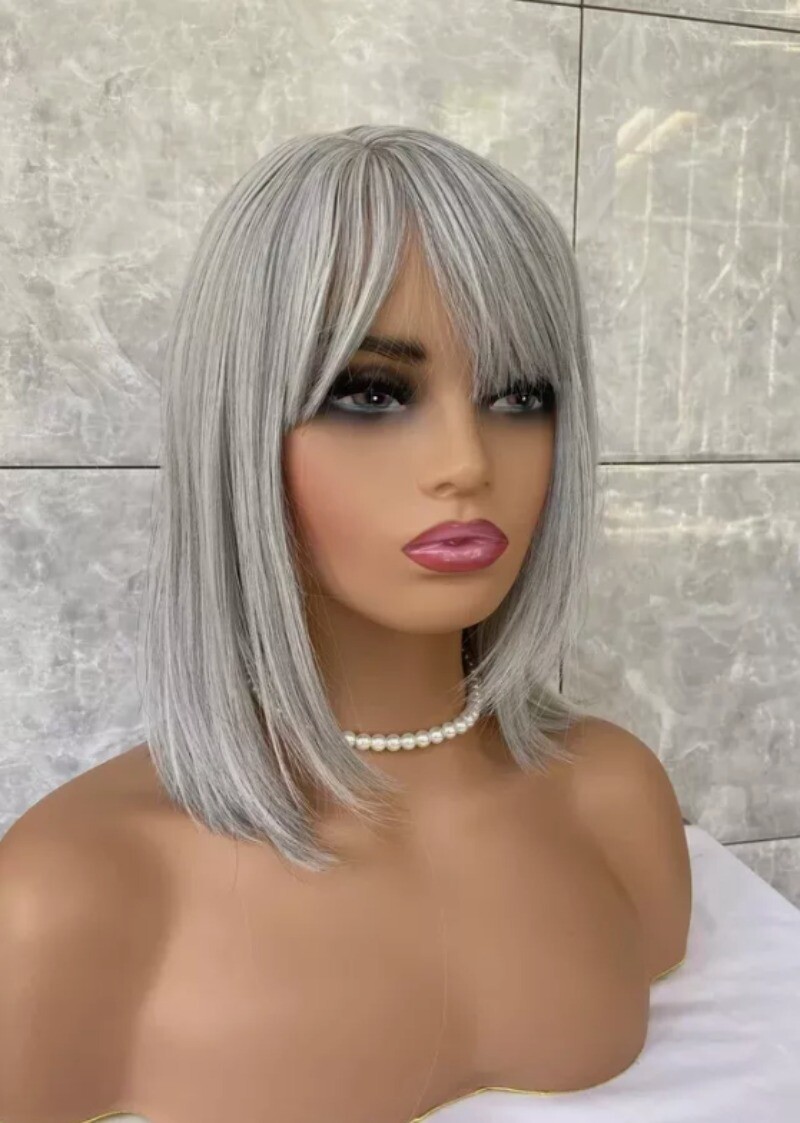 New Salt and Pepper Short Bob Style Women’s Synthetic Hair Grandma Capless Wigs