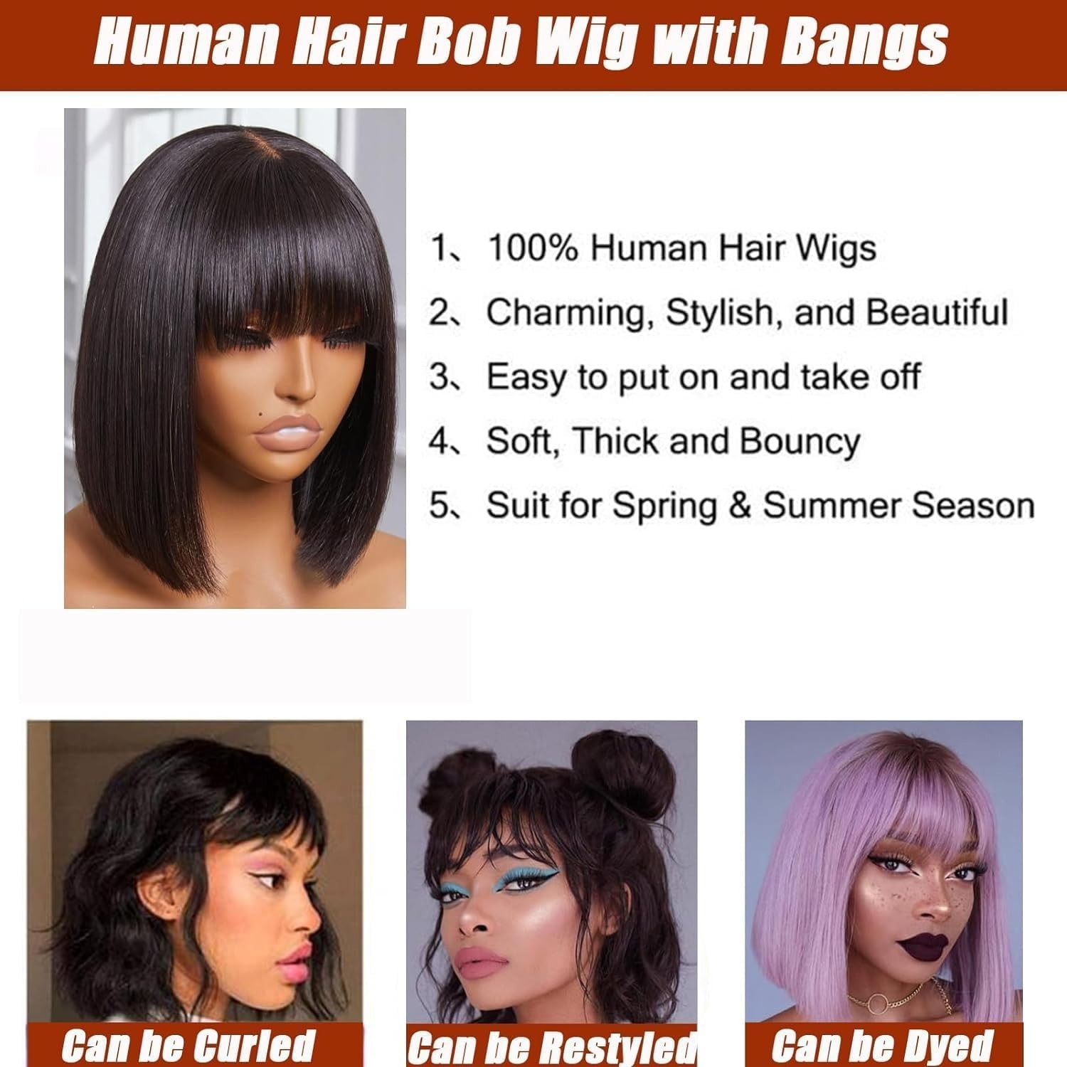 Short Bob Wig with Bangs Human Hair 2×1 Lace Wig Human Hair With Bangs for Women