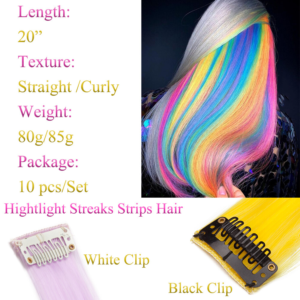 10pcs as human Hair Multi Color Clip In Hair Extensions Rainbow Streak Hair Fake