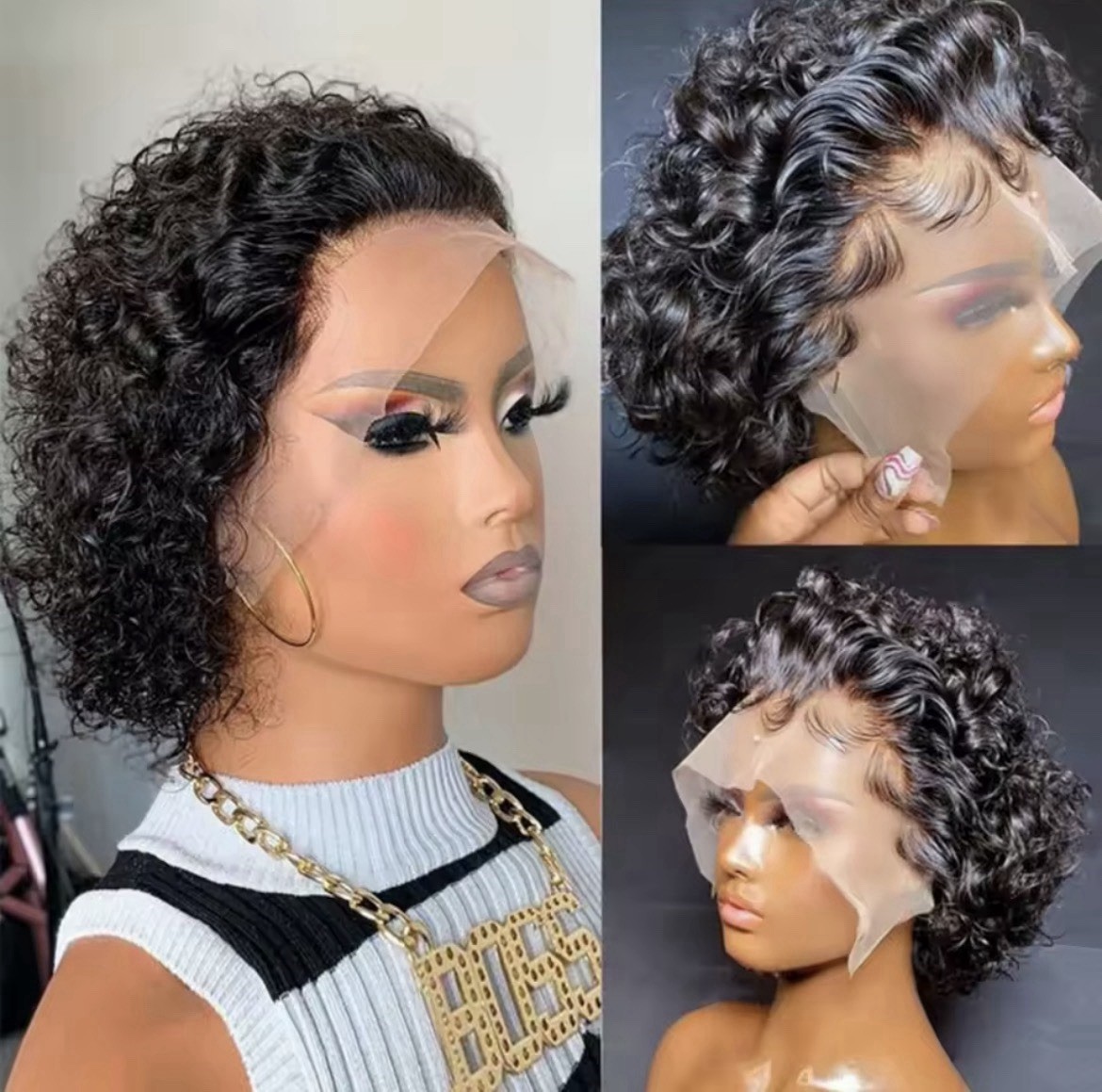 Women Human Hair Lace Front Curly Bob Wig Short Black Glued Attachment