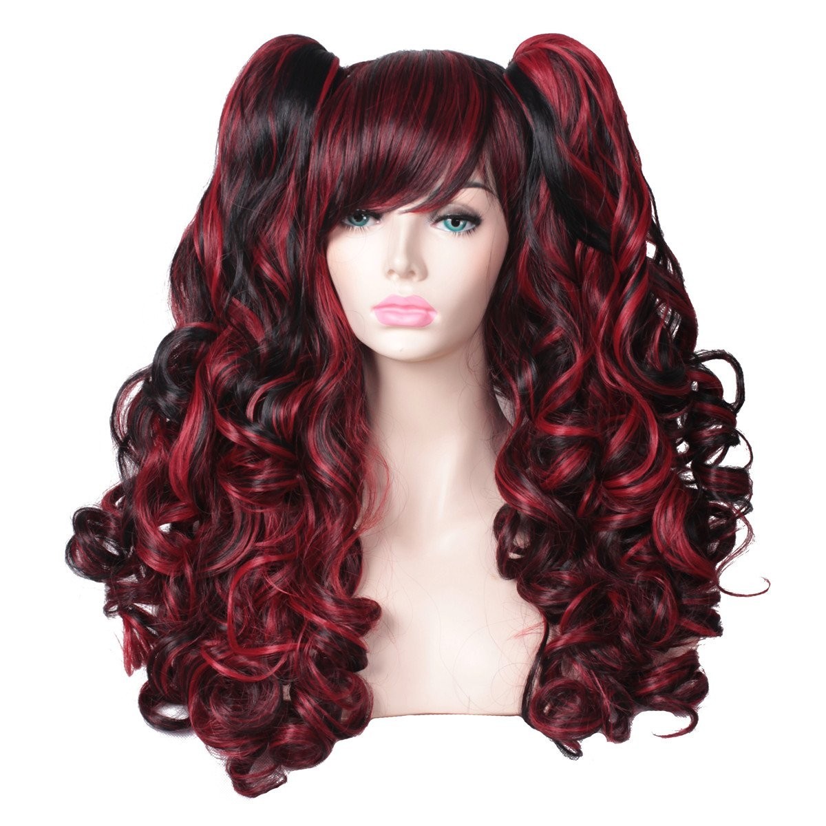 Long Curly Multi-Color Cosplay Wig with 2 Ponytails Black with Red