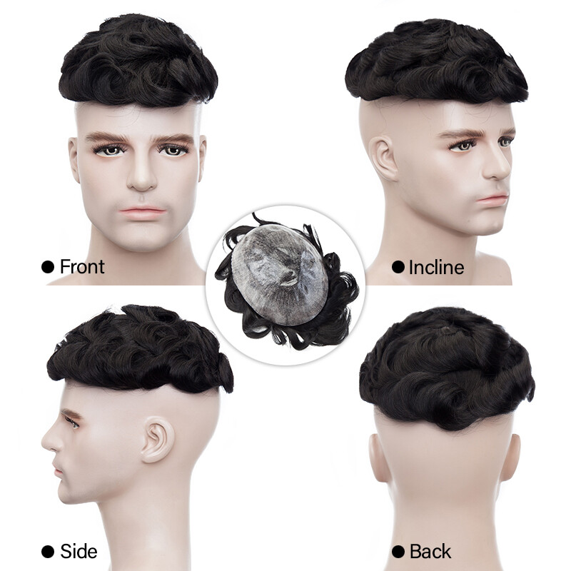 Mens Toupee Thin Skin PU/MONO Real Remy Human Hair Piece Toupee Replacement Wig