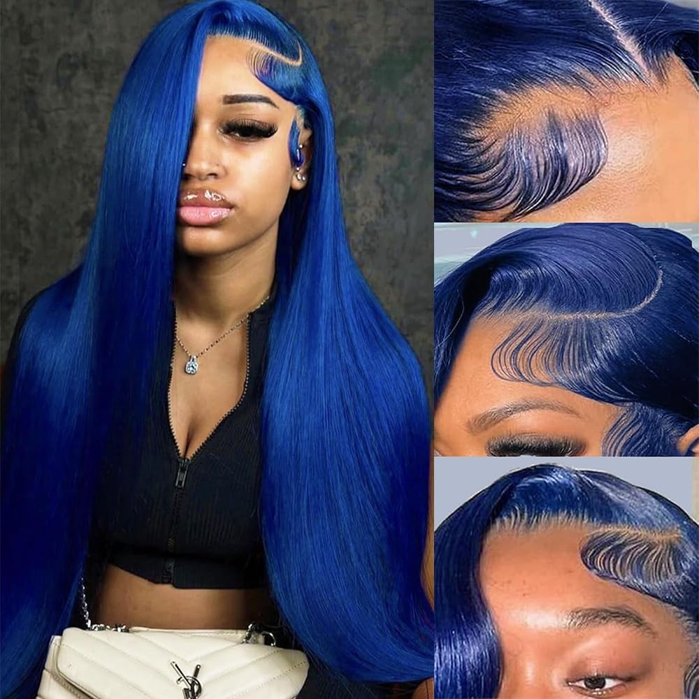 Amzhair 13X6 Blue Lace Front Wig Human Hair Straight Hd Transparent Navy Blue