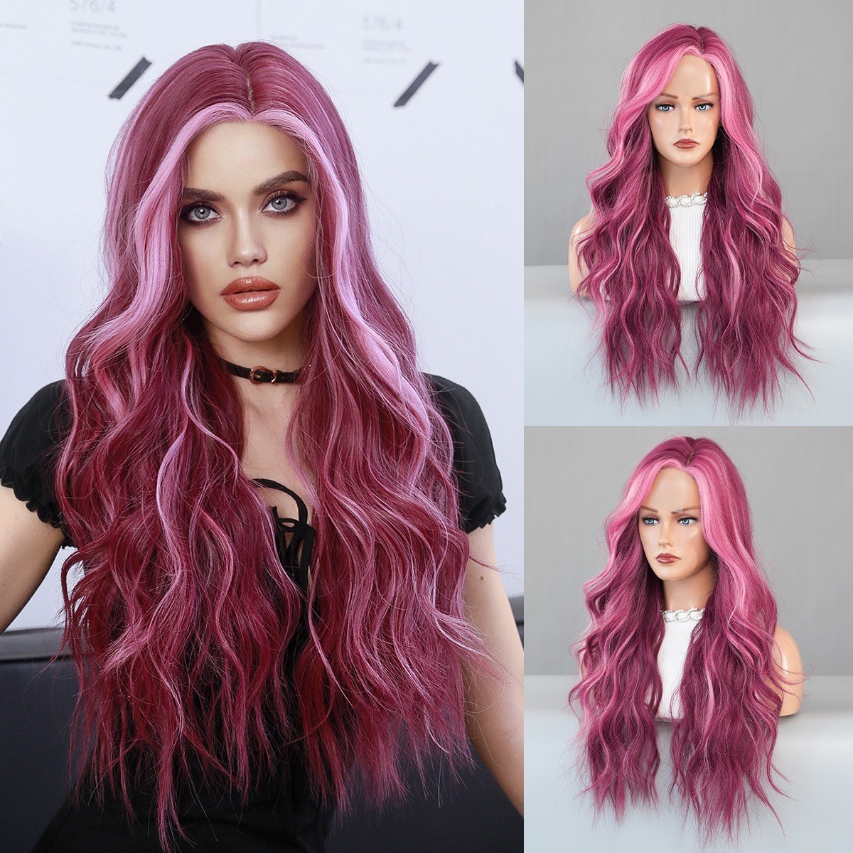 Dreamy purple-blue Lace wig with dreamy purple-blue gradient parted wavy curls