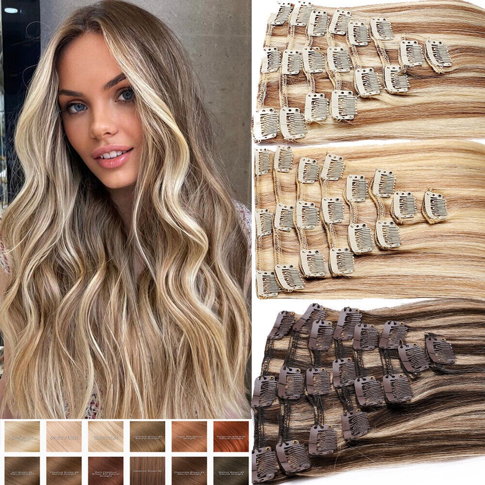 Clip in Hair Extensions Real Human Hair Clip-on Remy Hair Thick Balayage Colors