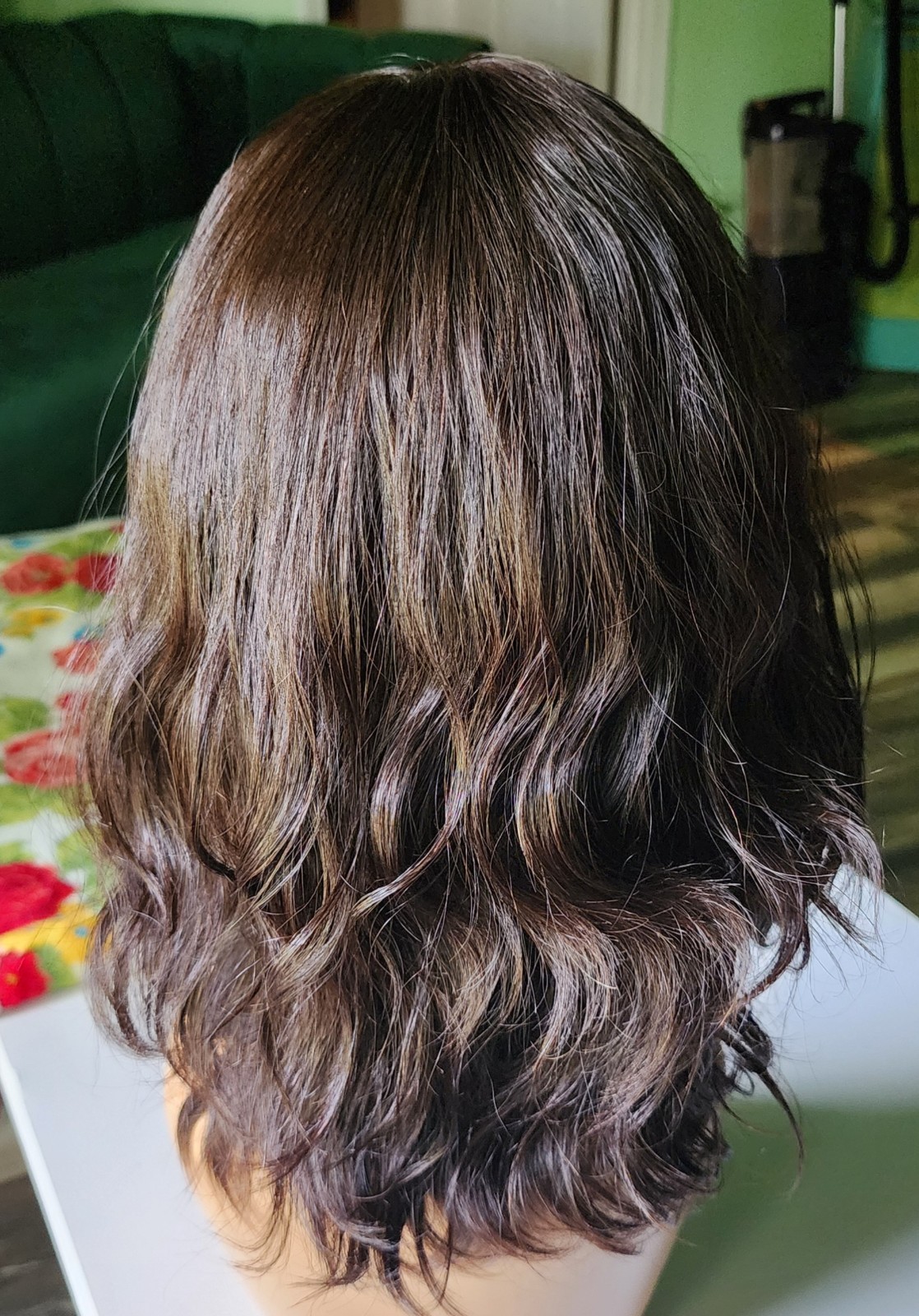 Dark Brown Wavy Layered Human Hair Wig 16 inches Medium Cap, Mono Part