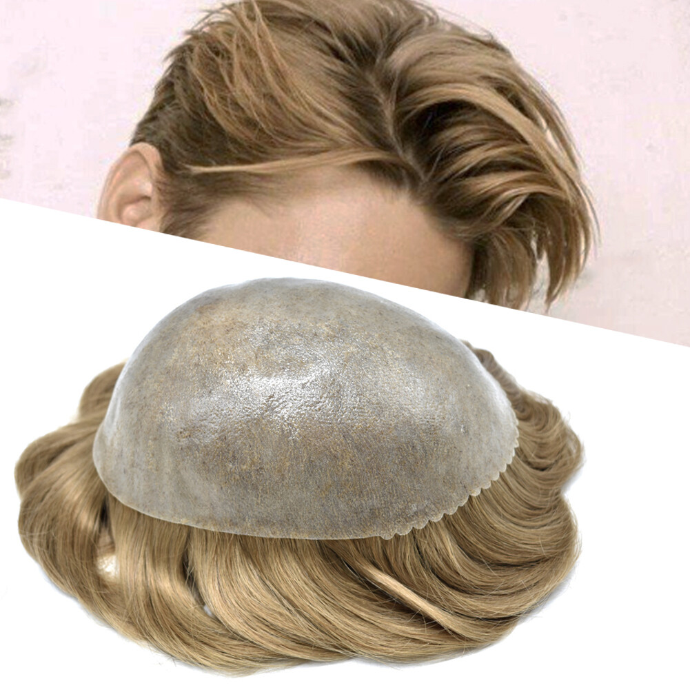 Mens Toupee Human Hairpiece Full Poly Thin Skin Hair Replacement System Wig Unit