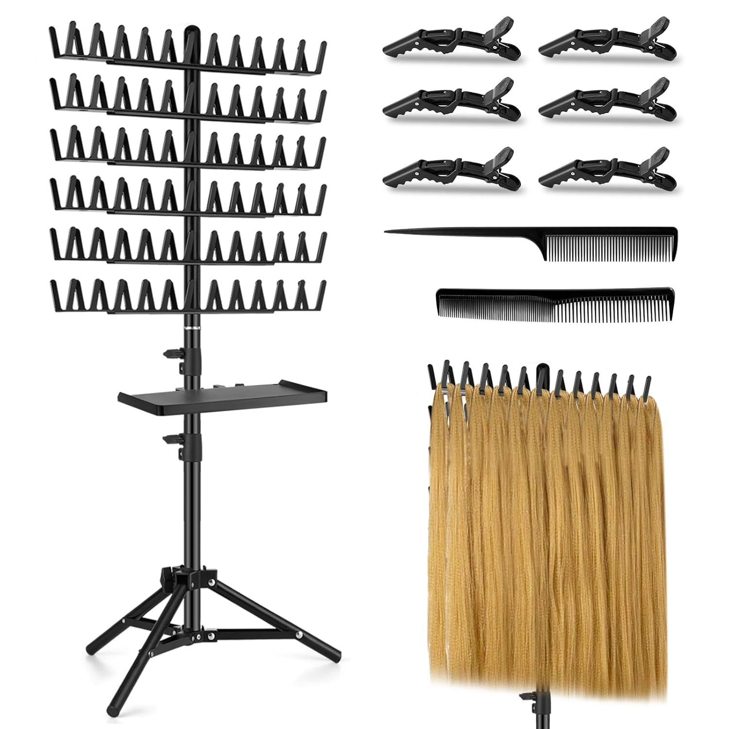Braiding Rack with Tray, 144 Pegs Height Adjustable, 2-Side Hair Extension Holde