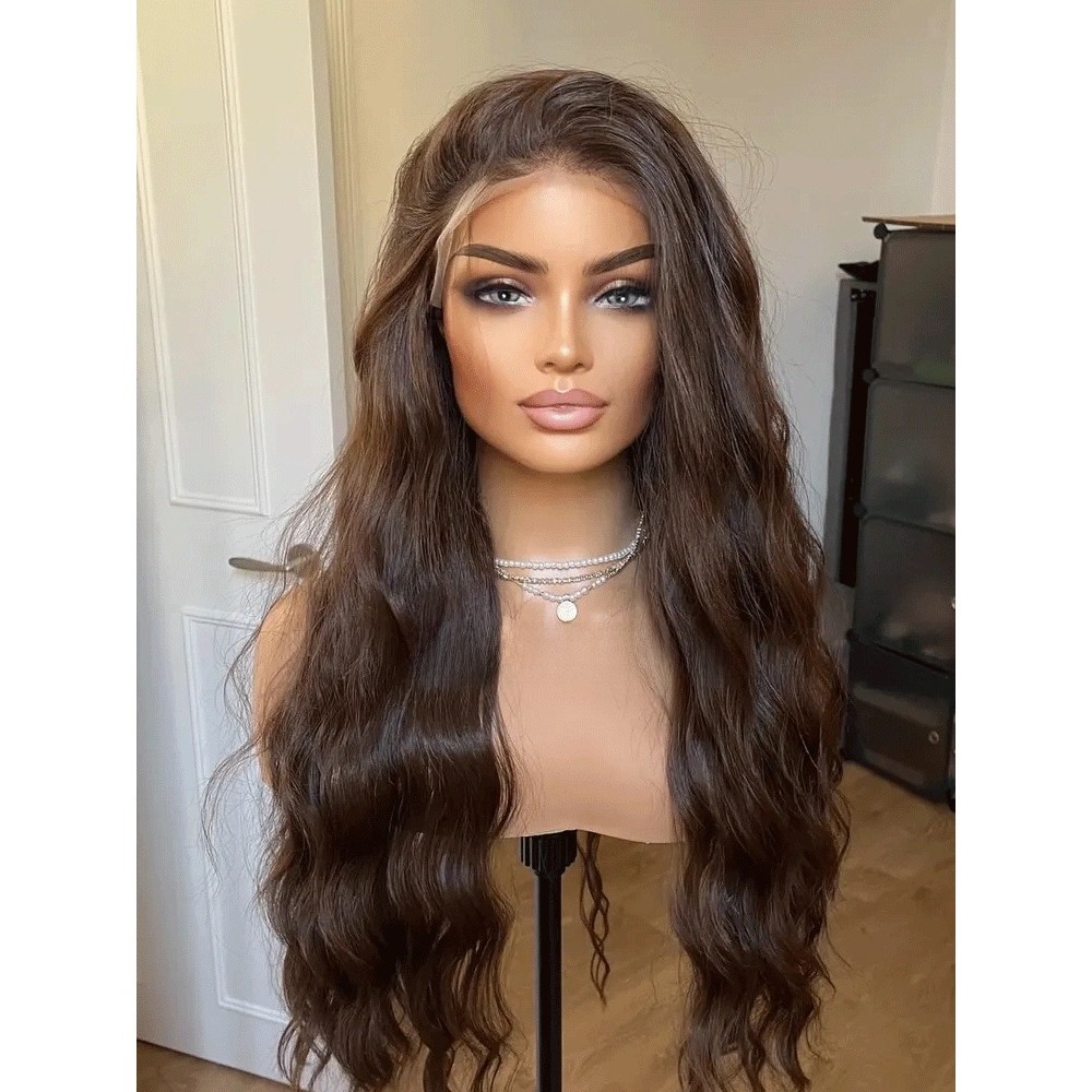 Heat Resistant Synthetic Hair Brown Pre Plucked Frontal Lace Wig Long Wavy