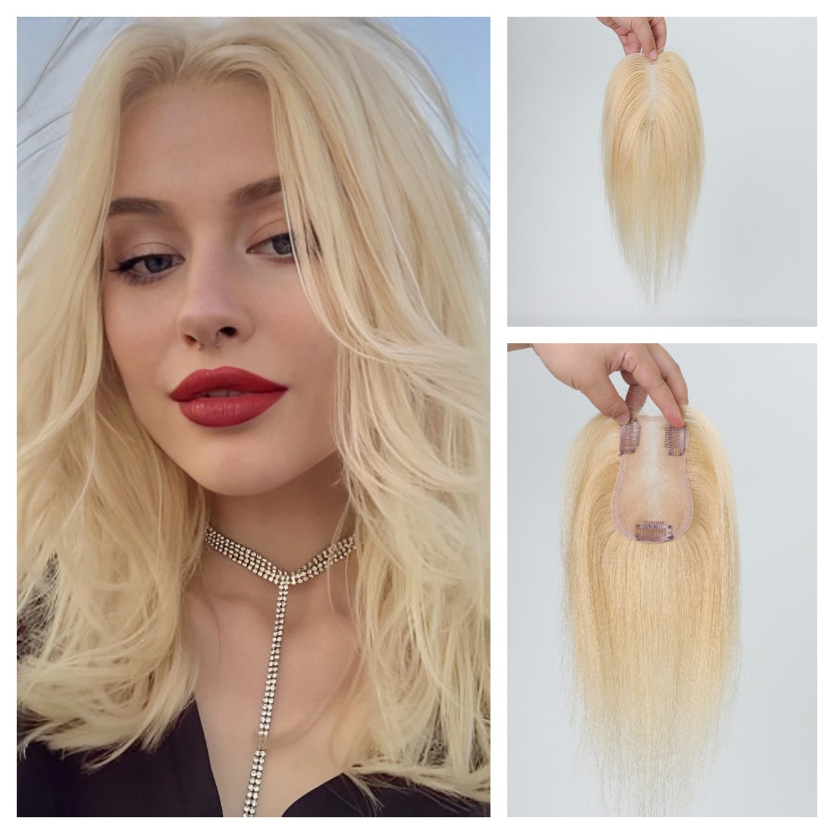 100% Human Hair Gold Blonde Breathable Hair Piece Replacement Head Top Toupee