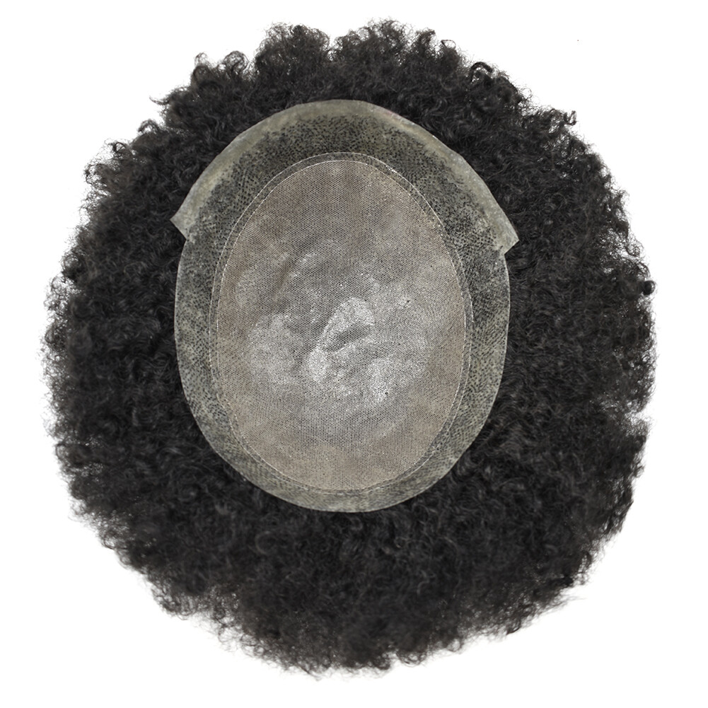Afro Curly Mens Toupee Breathable Poly Skin Pu Black Hair Replacement System Wig