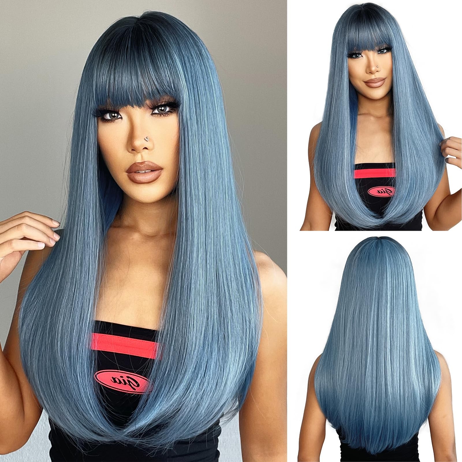 Ombre Blue Wig with Bangs Long Straight Mixed Blue Wigs for Women Cosplay Wig…