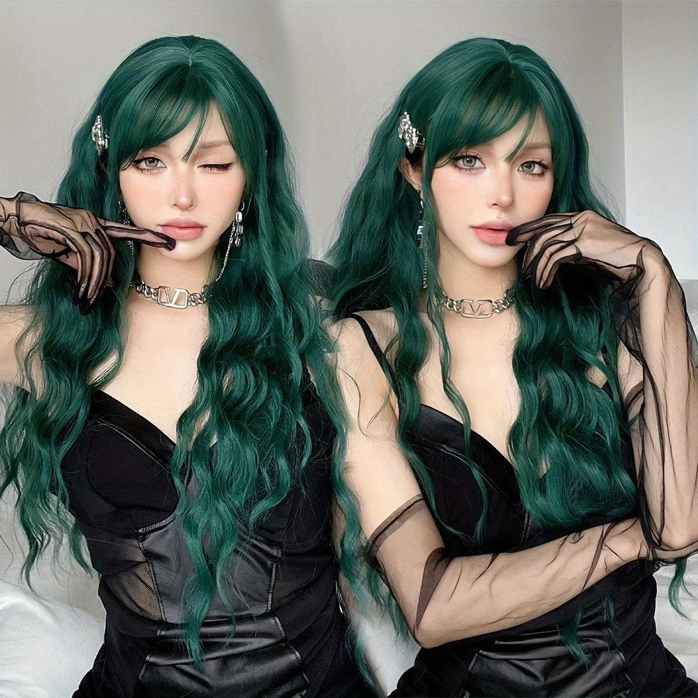 Emerald Green Long Wavy Wig w/Bangs Gothic Punk Cosplay Daily Fashion Statement