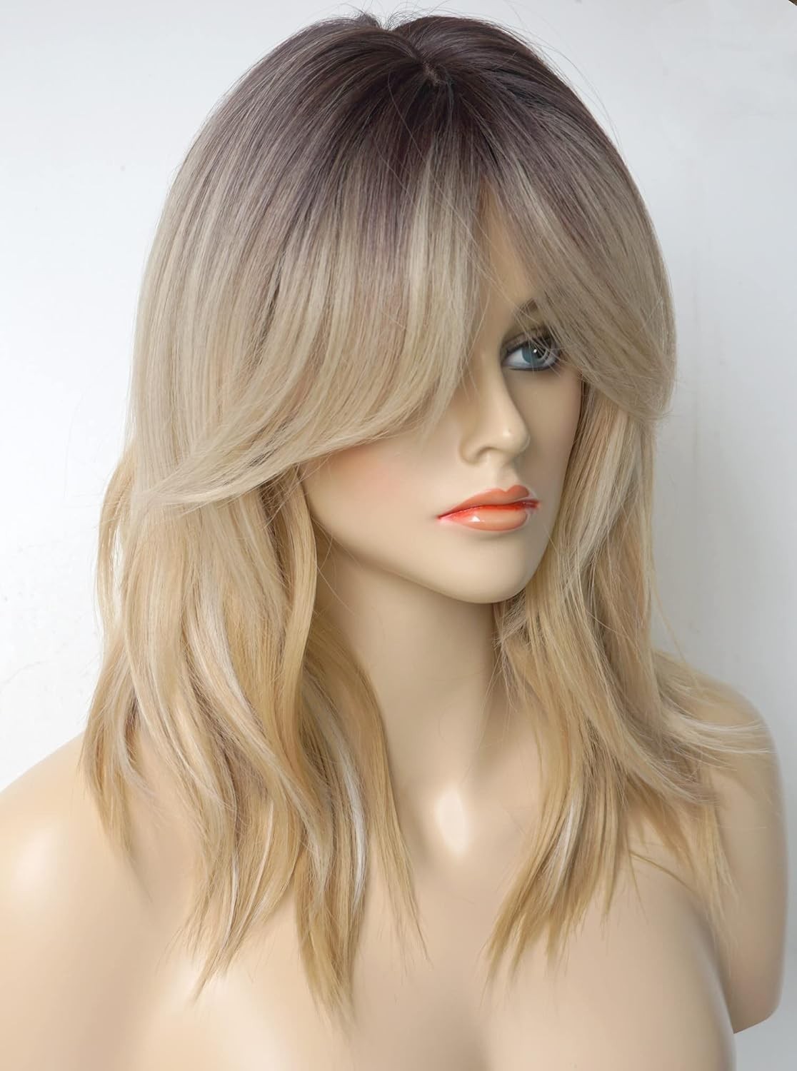 Medium Length Blonde Ombre Wolf Tail Wavy Wig for White Women Short Wavy Hair