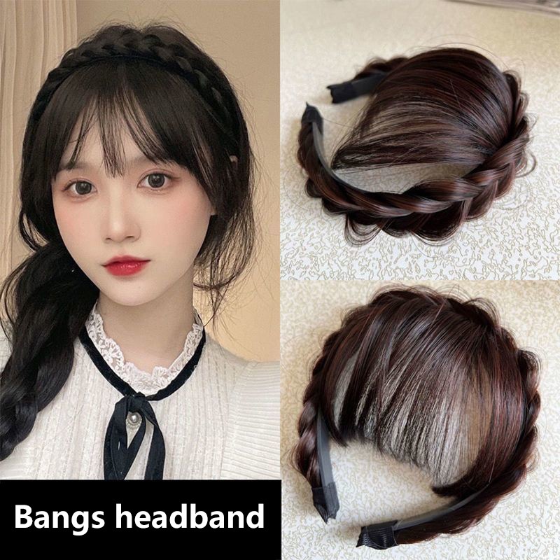 Synthetic Fake Bangs Hair Neat Fringe Bands Women Double Row Braids Headband