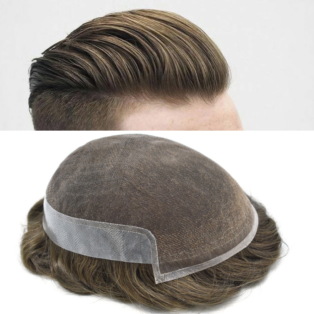 French Lace Front Toupee Human Hairpiece Bleached Knots Natural Hairline