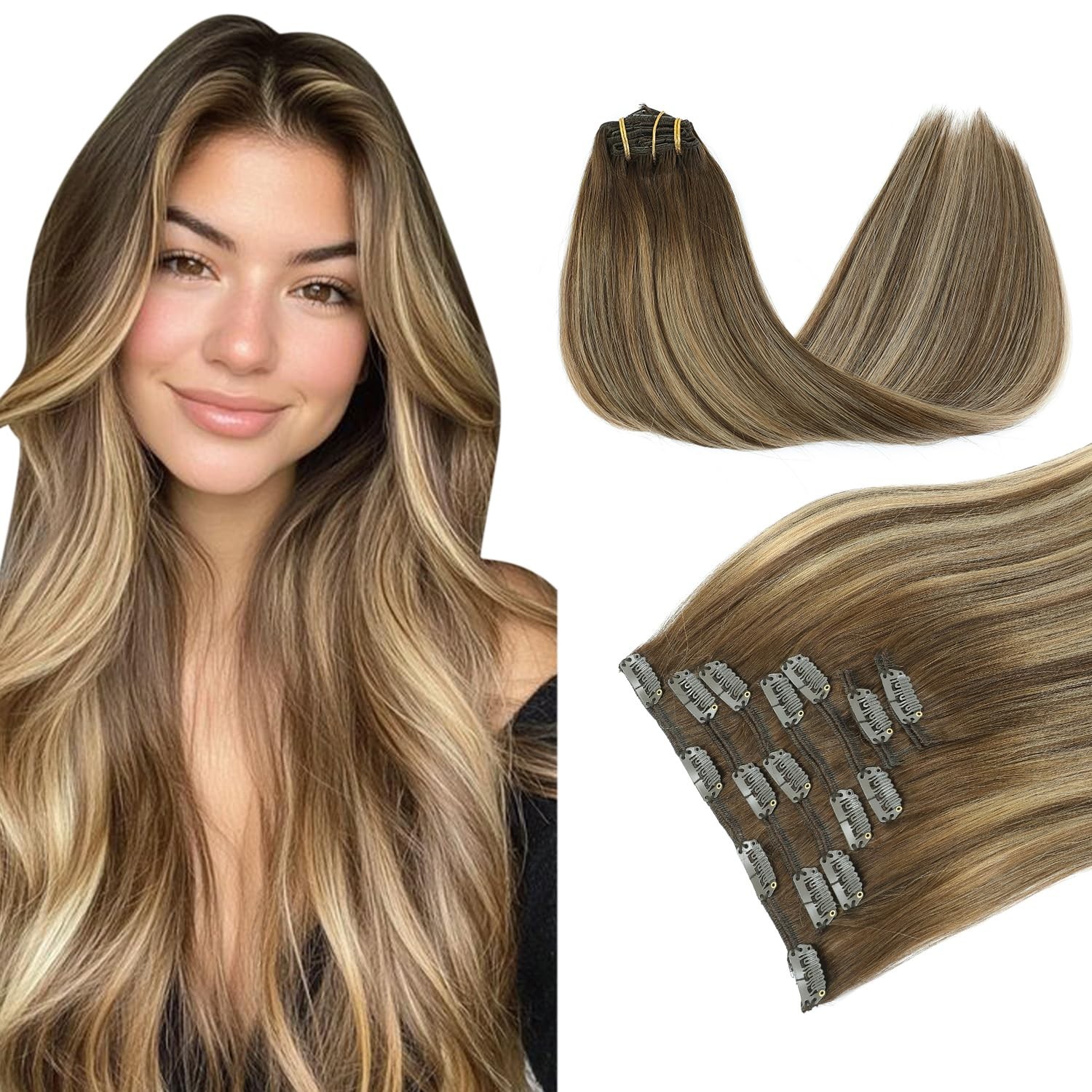 Clip-In Human Hair Extensions 20″ 120g Balayage #4/27/4 Chocolate Brown to Caram