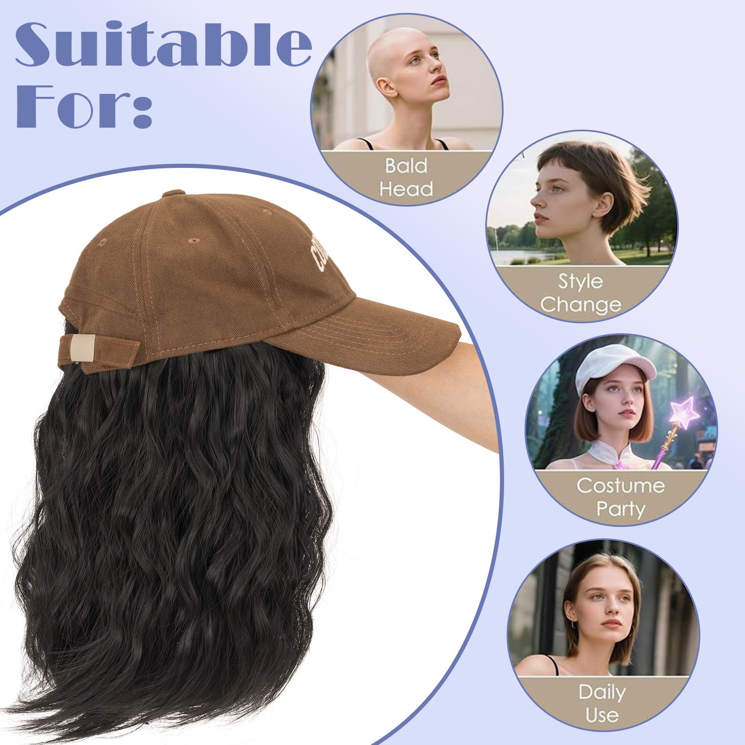 USA Cap with Hair Attached For Women Wig Hat with Hair Short Bob Style Synthetic