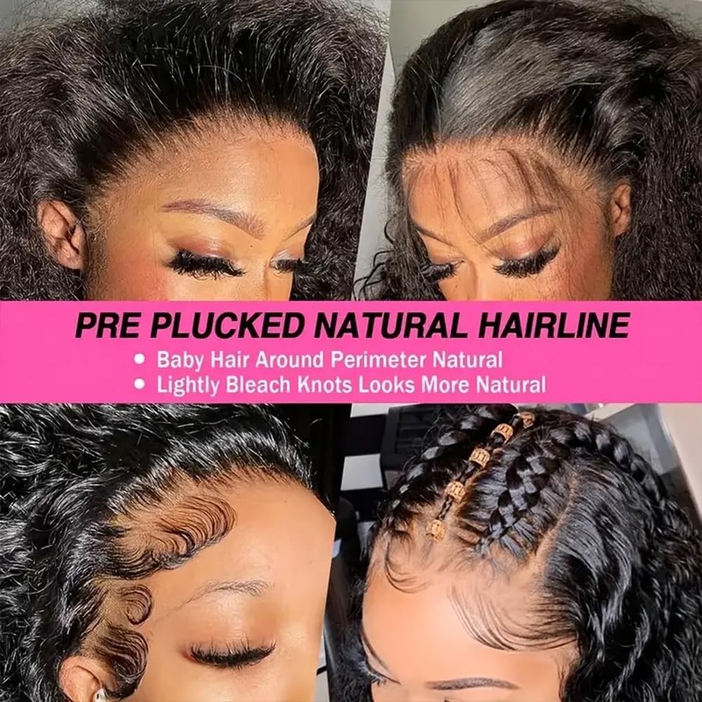 40″ 13×6 Deep Wave Lace Front Wig – Pre-Plucked, 250% Density, HD Lace, Curly Ha