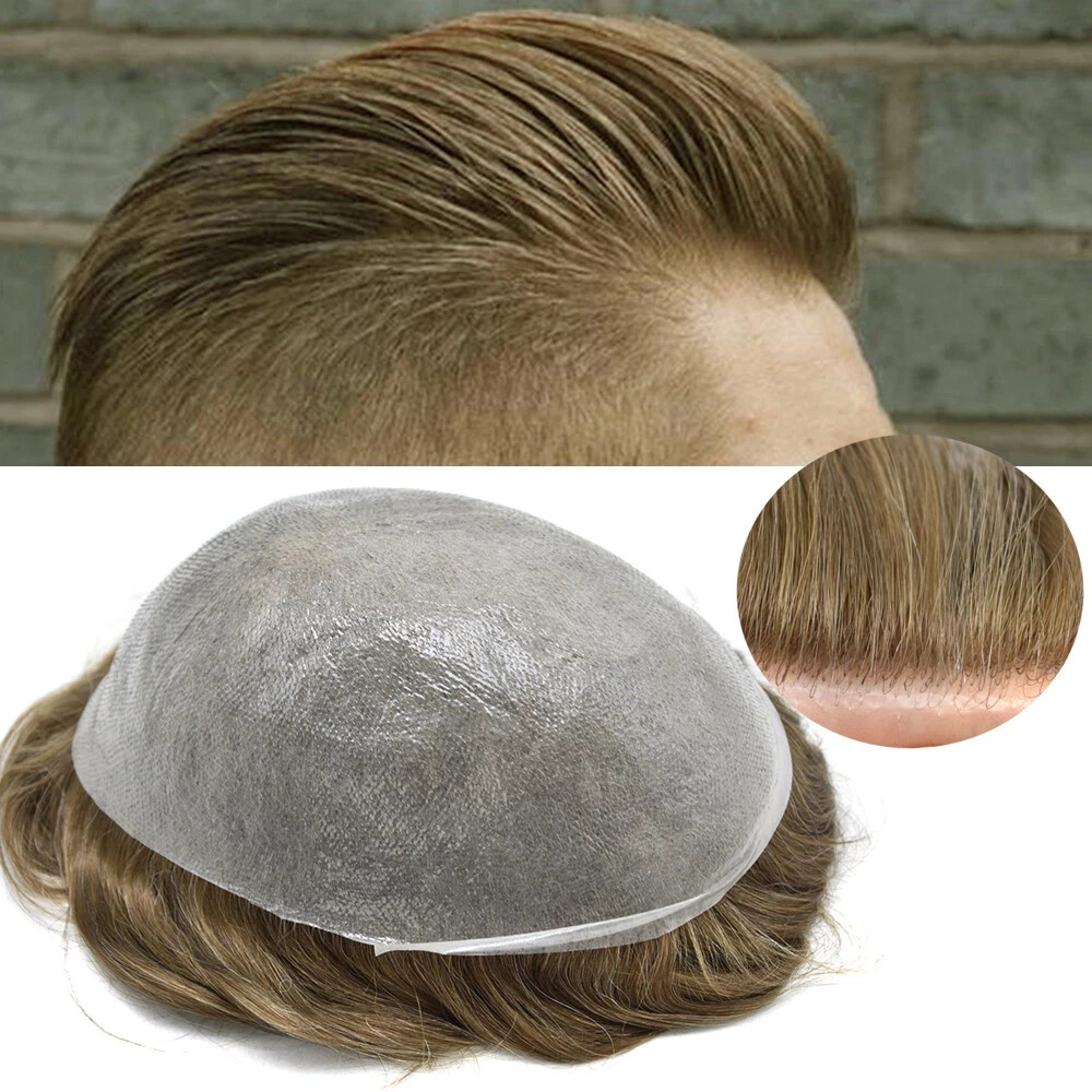 Mens Toupee HumanHair Piece Ultra Thin Skin V-Loop Men HairReplacement System US