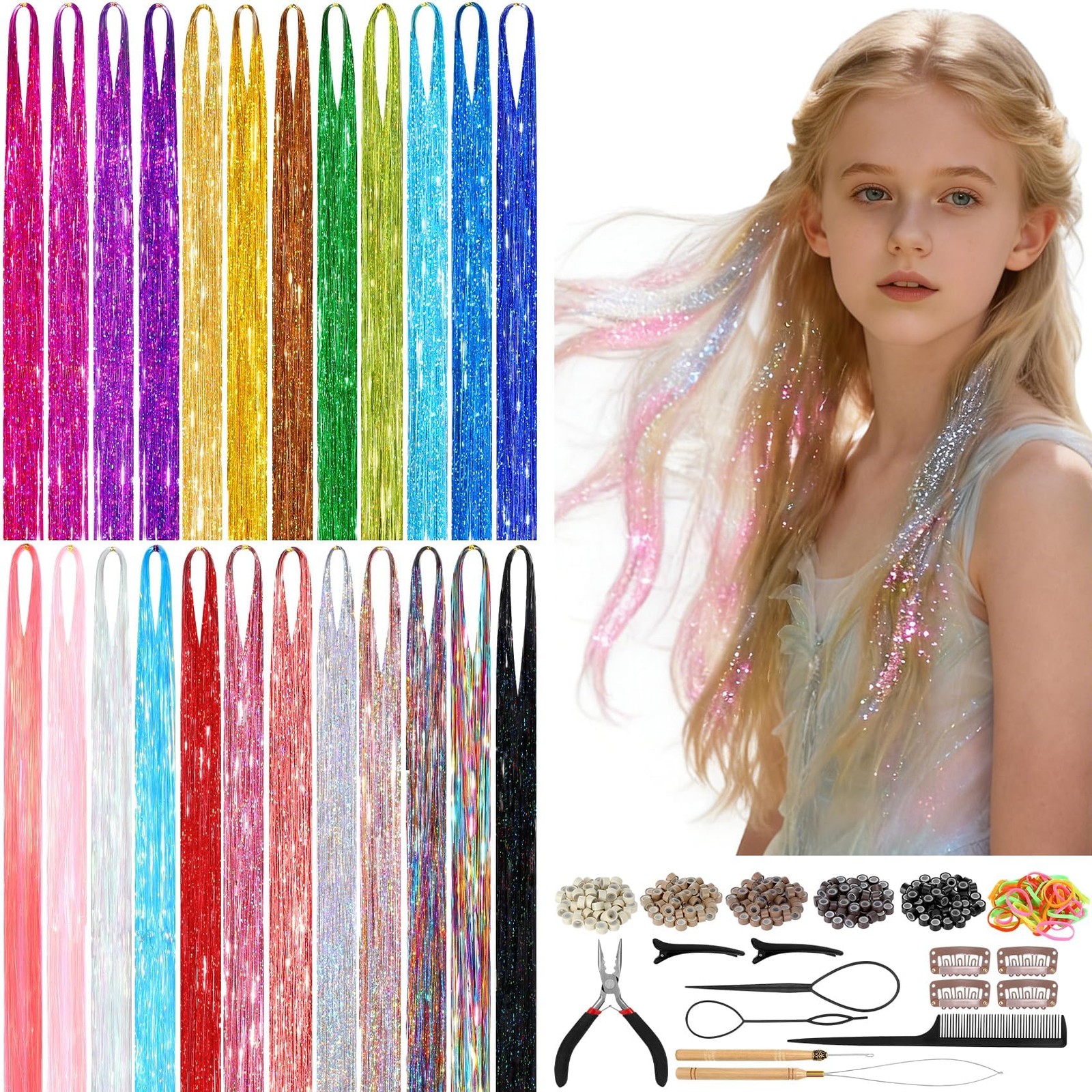 8400 STRANDS Hair Tinsel Kit for Girls, 24 Colors 48 Inches Fairy Hair Tinsel