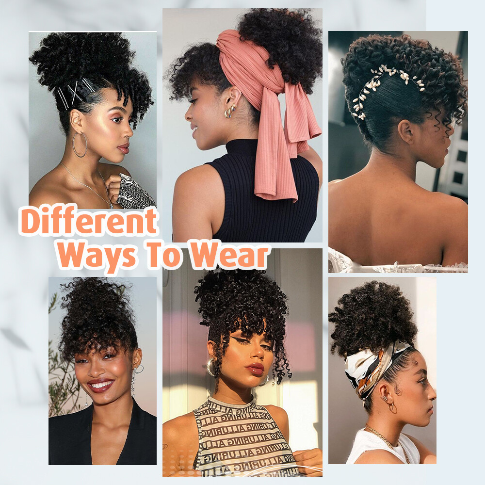 Afro Kinky Curly As Human Hair Clip In Short Ponytail Bun + Bangs Black Women US