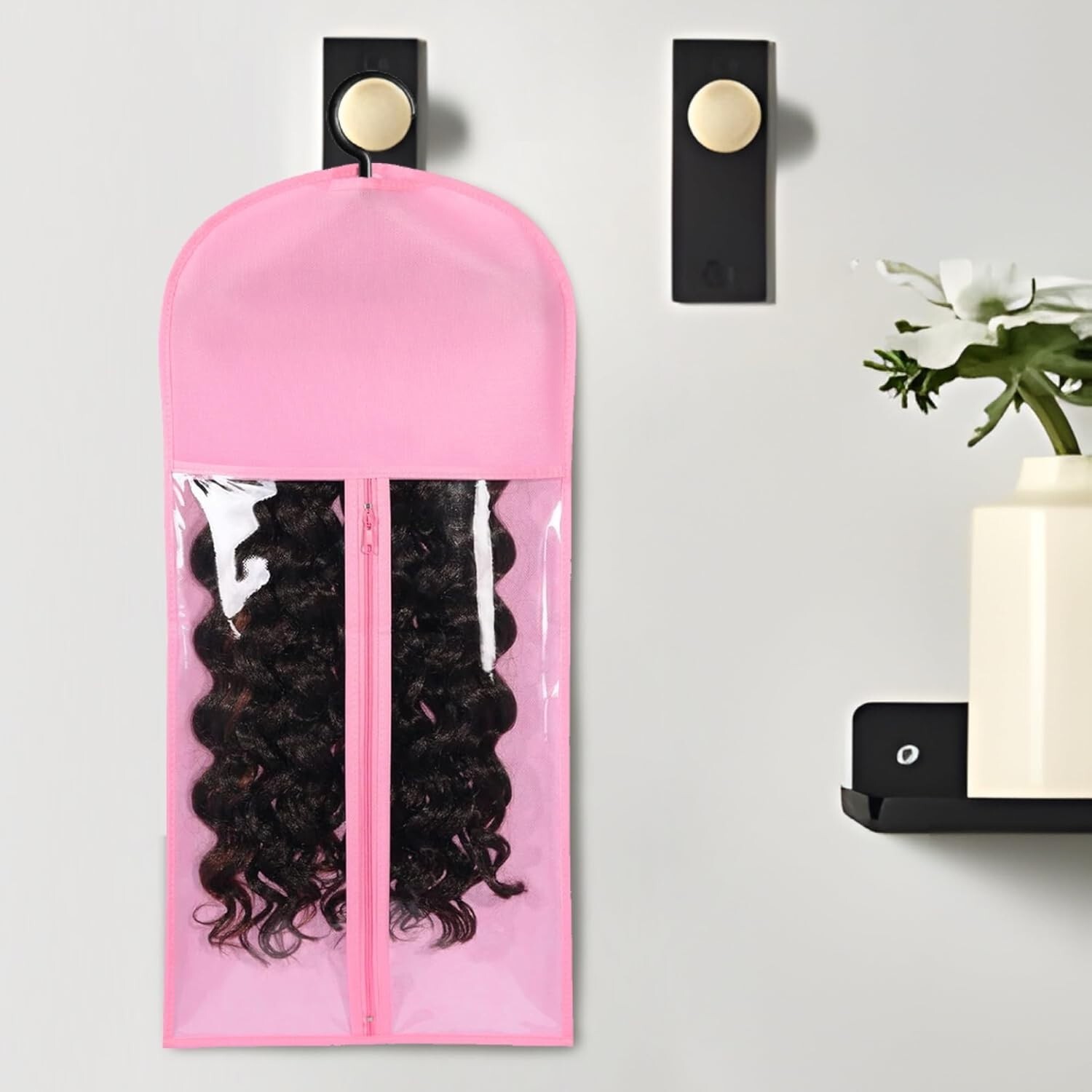 3PCS Pink Wig Hook Hanger Hair Holder Storage Dust-proof Bags Non-Woven Fabric