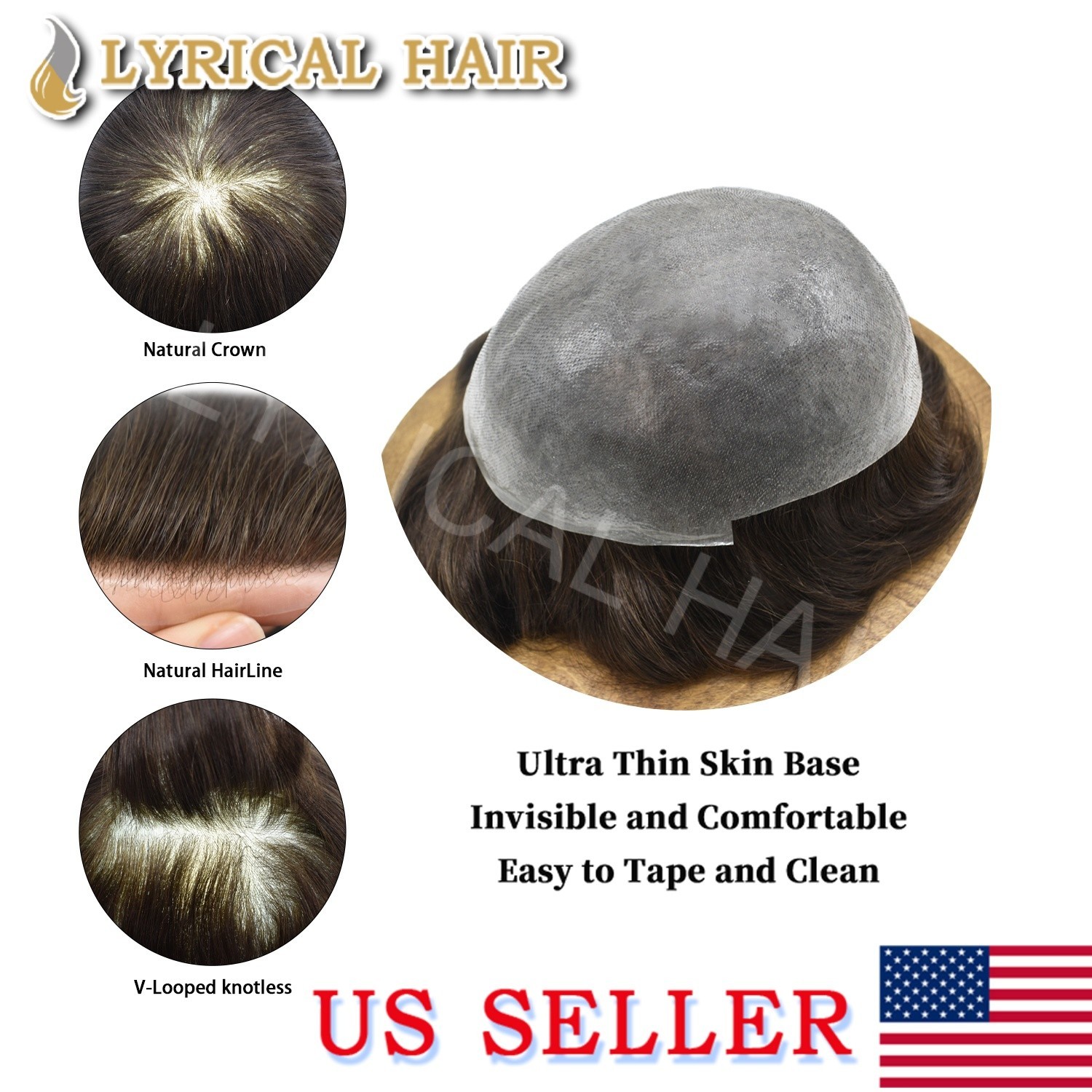 Mens Hair Replacement System Ultra Thin Skin V-looped Toupee invisible Hairpiece