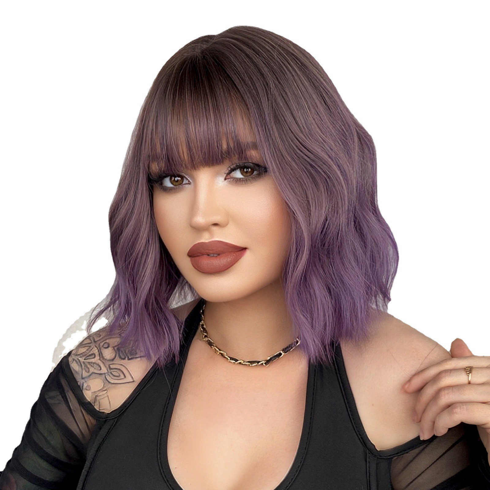 10-inch purple Bob short wavy curly wig with wave patterns