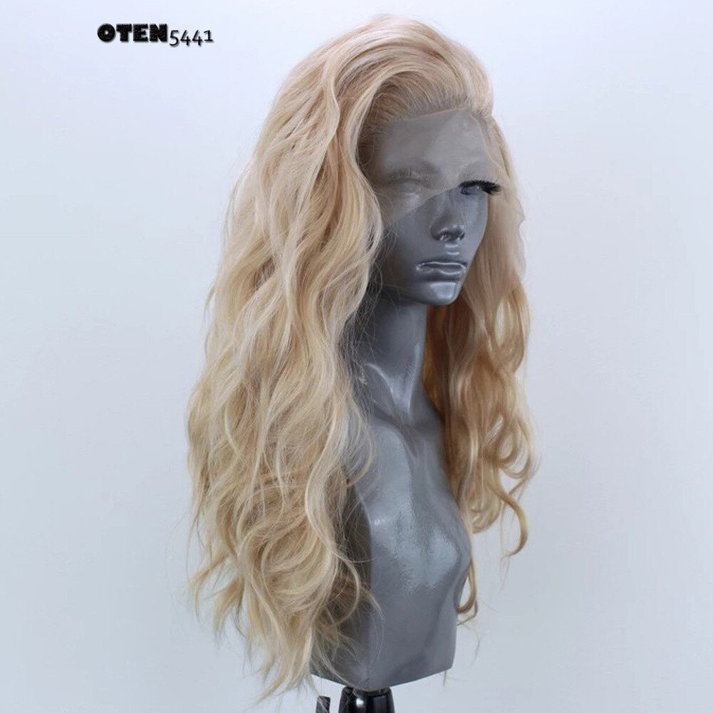 Long Curly Gold Blonde Mix Lace Front Heat Resistant Fiber Free Part Wigs Natura