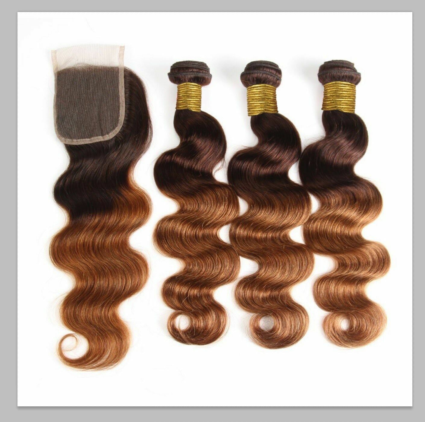 100% Human Hair Ombre 4/30 Body Wave 3 Bundles with free part 4*4 Lace Closure