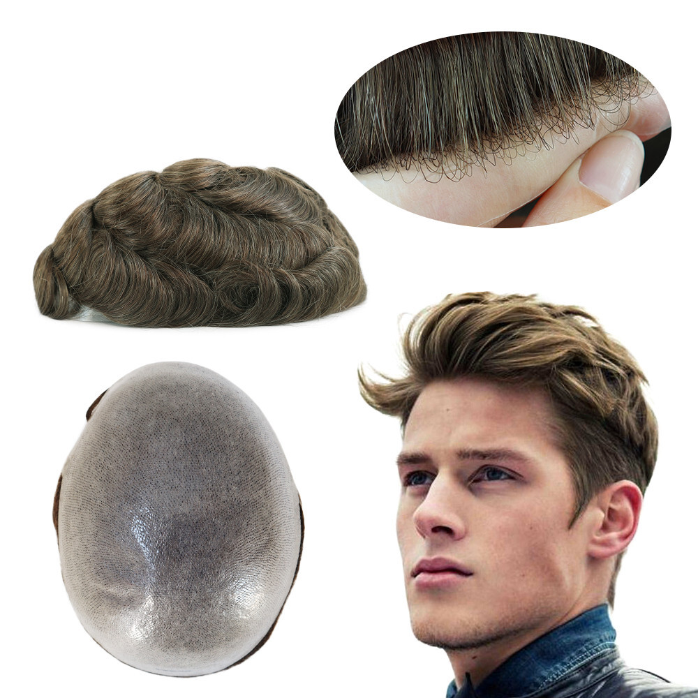 Mens Hair Replacement System Thin Skin Toupee Hairpiece BIO Human Hair #7ASH