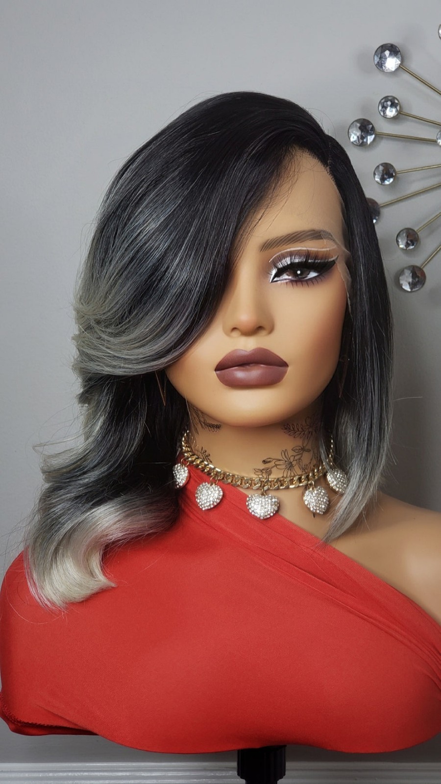 New Curly Side Bang Bob Style Lace Front Wig Black Ash Blonde Gray Ombre Womens