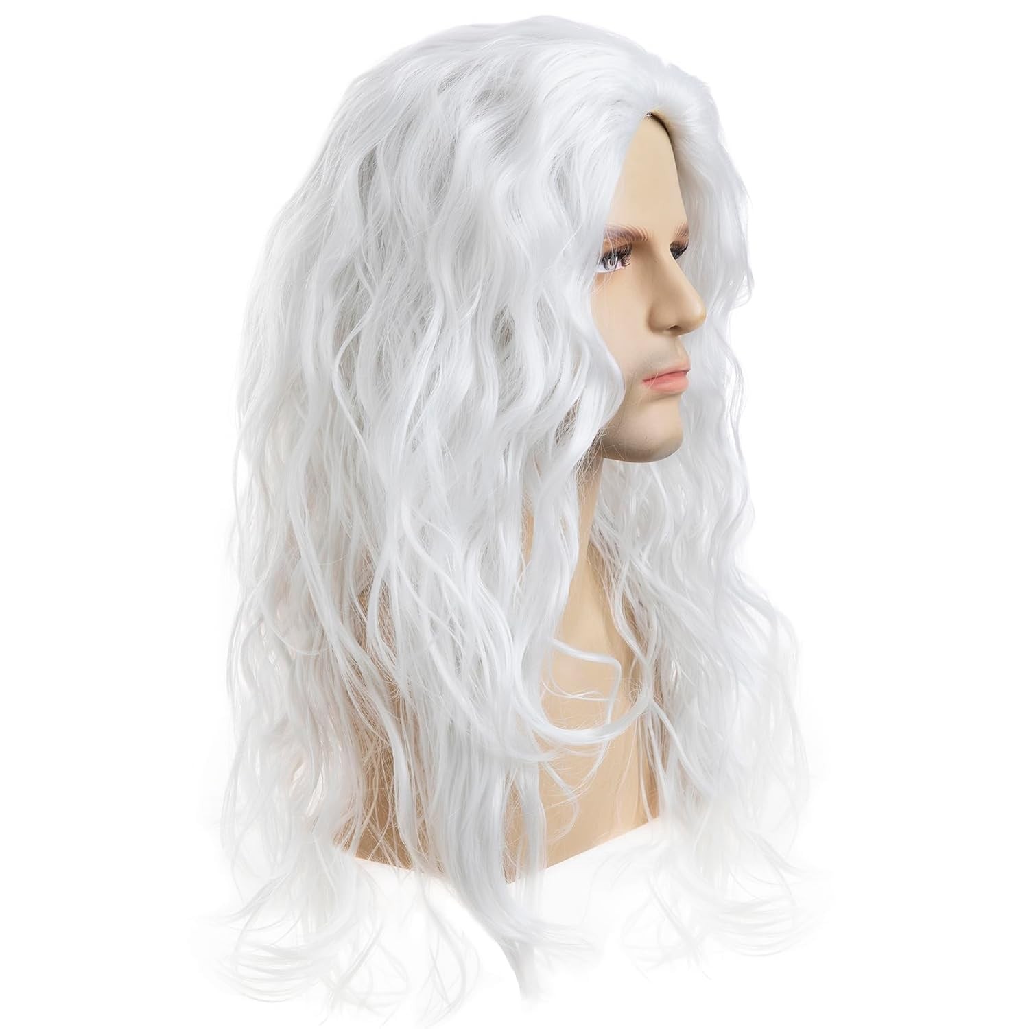 Mens White Wig Long Curly Wavy Wig for Men Middle Part Synthetic Heat Resista…