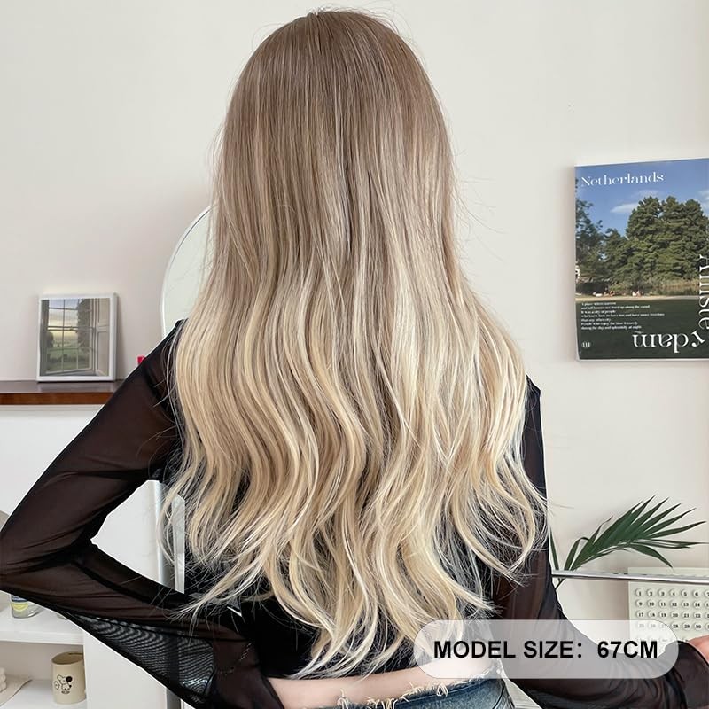 26 Inches Long Wavy Curly Wig for Women Blonde Brown Synthetic Hair Natural C…