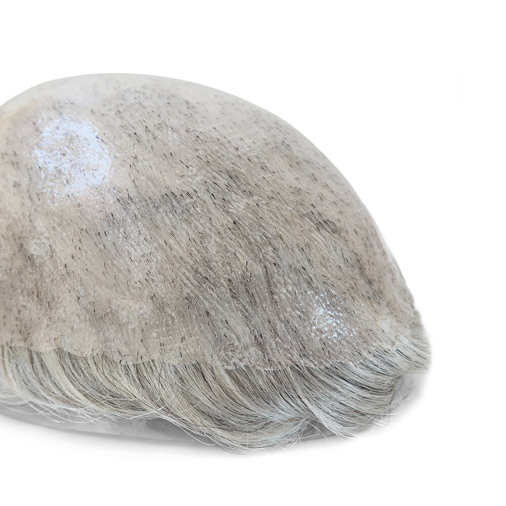 Mens Human Hair Replacement System Injection Skin Toupee Grey Hair Piece#1B80