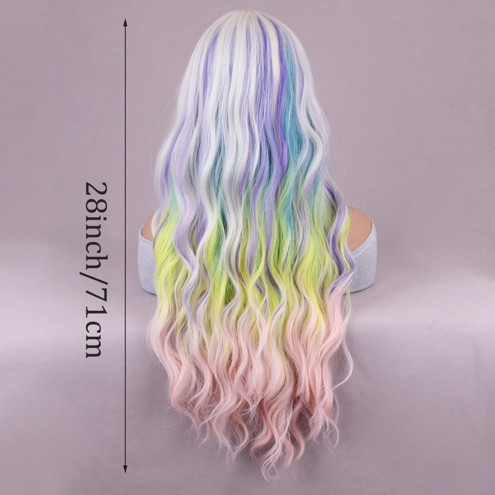 28in Women’s Multi Color Rainbow Wig Long Curly Wavy Wig Cosplay Party Wig