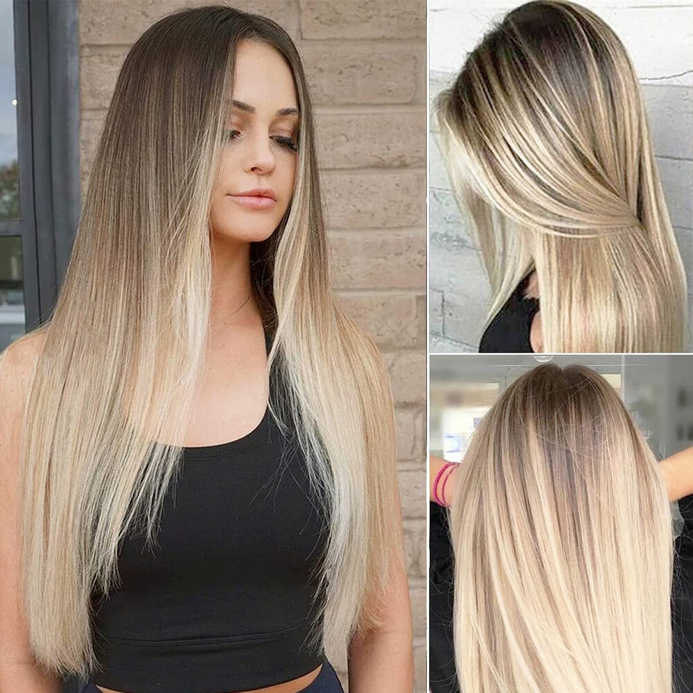 Ombre Blonde Women Real Long Straight Hair Wigs Ladies Natural Cosplay Full Wig
