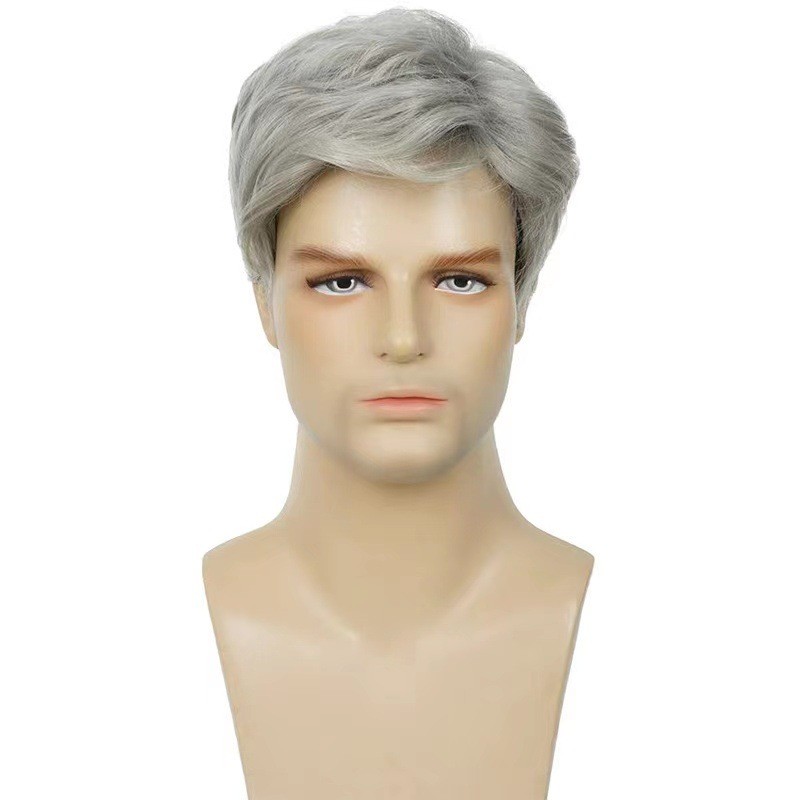 Salt and Pepper Grey Short Fluffy Men Wig Heat Resistant Synthetic Full Wig