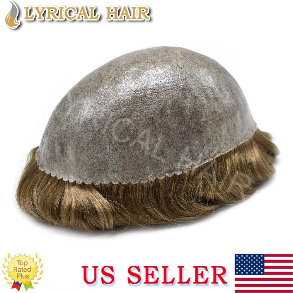 Mens Toupee Human Hair Replacement System All Injection PU Hairpiece Brown Grey