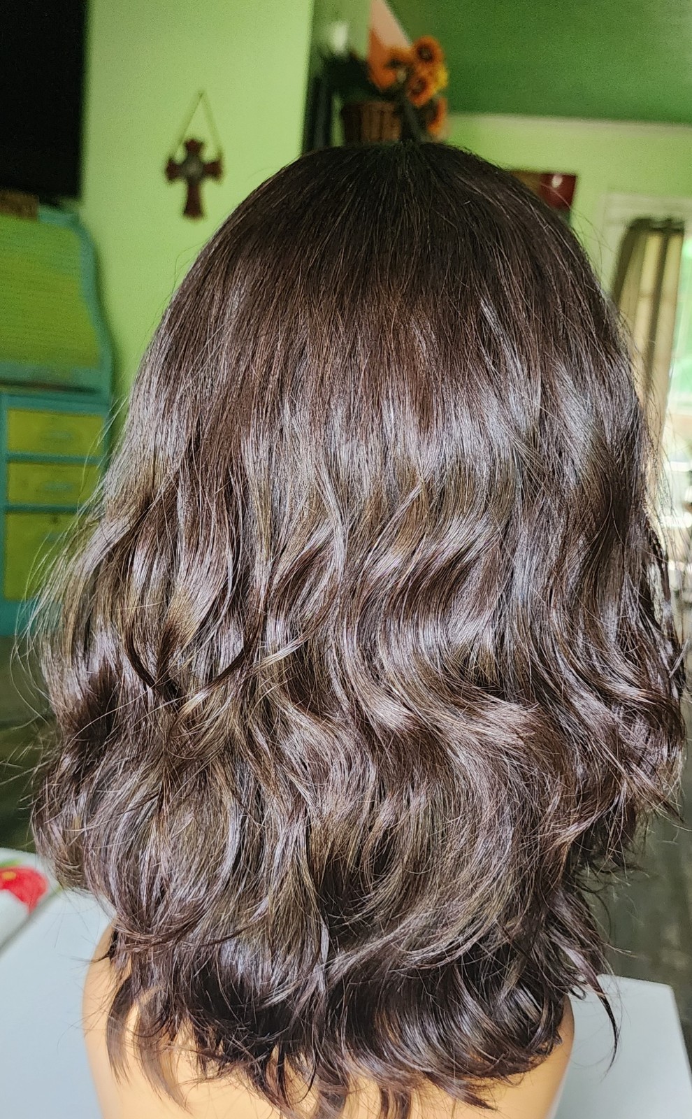 Dark Brown Wavy Layered Human Hair Wig 16 inches Medium Cap, Mono Part