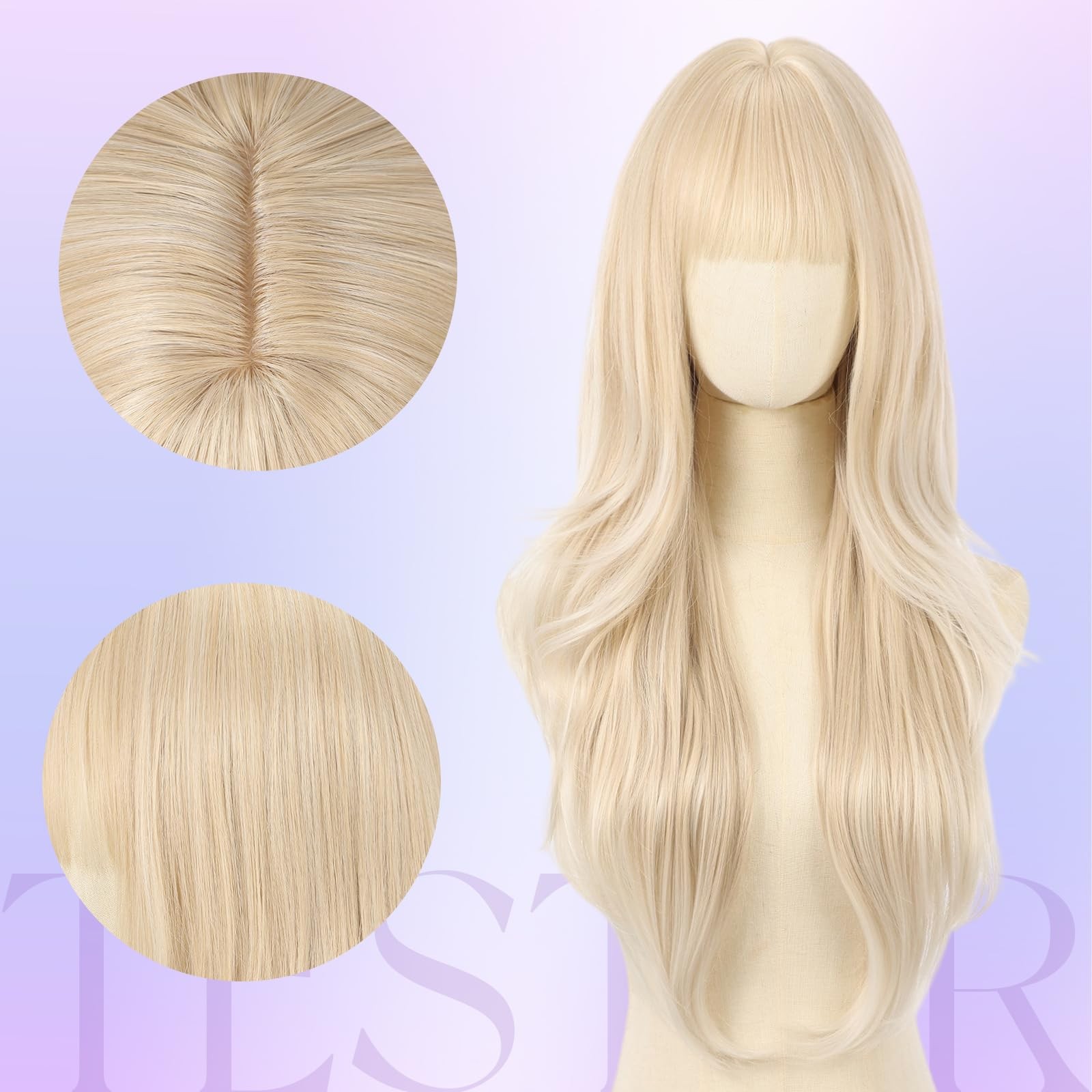 Blonde Long Wavy Wig with Bangs for Women Natural Synthetic Layered Heat Resi…